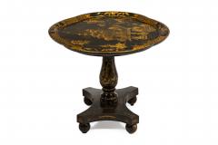 English Regency black lacq pedestal base coffee table with oval chinoiserie top - 4650114