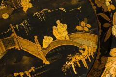 English Regency black lacq pedestal base coffee table with oval chinoiserie top - 4650117