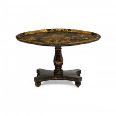 English Regency black lacq pedestal base coffee table with oval chinoiserie top - 4700102