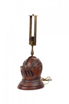 English Renaissance Style Novelty Brown Leather Knights Helmet Table Lamp - 4671504