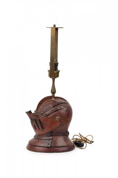 English Renaissance Style Novelty Brown Leather Knights Helmet Table Lamp - 4671505