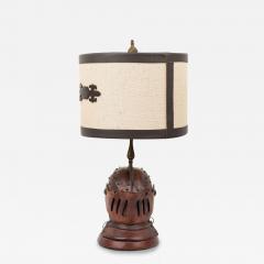 English Renaissance Style Novelty Brown Leather Knights Helmet Table Lamp - 4735135