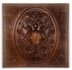 English Renaissance style square wall plaque with carved coat of arms - 4694568