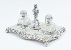 English Sheffield Silver Plated Footed Desk Inkwells with Stand  - 946759