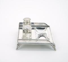 English Silver Plated Gallery Top Footed Holding Base Cut Glass Inkwell - 3440657