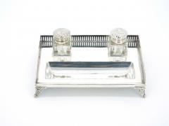 English Silver Plated Gallery Top Footed Holding Base Cut Glass Inkwell - 3440659