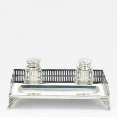 English Silver Plated Gallery Top Footed Holding Base Cut Glass Inkwell - 3441135