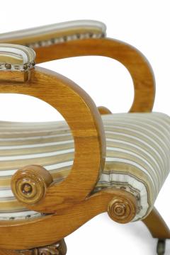English Victorian Blond Wood Scroll Armchair With Striped Upholstery - 3171125