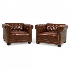 English Victorian Chesterfield Style Tufted Brown Leather Lounge Chairs - 4700415