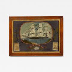 English Victorian Framed Memorial Ship Embroidery - 4540159