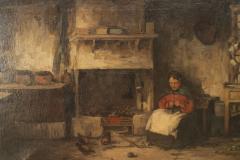 English Victorian Oil Painting of Lady by Fireplace - 4516621