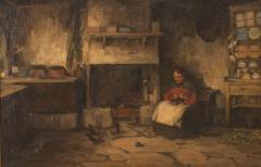 English Victorian Oil Painting of Lady by Fireplace - 4539267