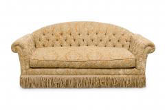 English Victorian Style Gold Velvet Damask Button Tufted and Fringed Sofa - 4169109