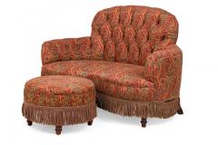 English Victorian Style Red and Blue Paisley Upholstered Circular Ottoman - 4673948