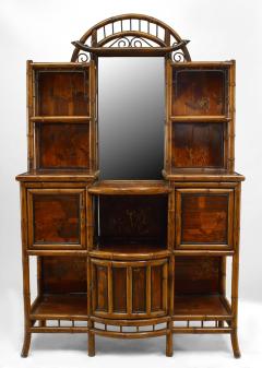 English Victorian bamboo and lacquer trimmed inlaid bow front etagere - 701783