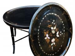 English Victorian painted and inlaid oval papier mache oval tray on stand - 2407760