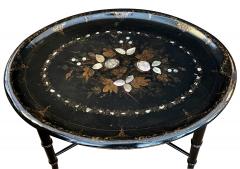 English Victorian painted and inlaid oval papier mache oval tray on stand - 2407762