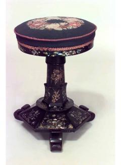 English Victorian papier mach pearl inlaid black lacquered round swivel stool - 4664438