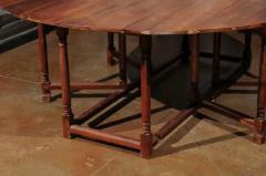 English Walnut Oval Top Drop Leaf Gateleg Table with Turned Legs and Stretchers - 3461593