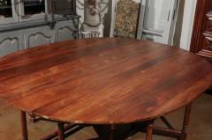 English Walnut Oval Top Drop Leaf Gateleg Table with Turned Legs and Stretchers - 3461740