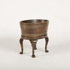English oval oak planter or wine cooler with brass braces and tin liner on stand - 2007567