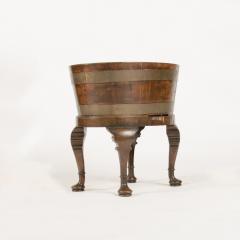 English oval oak planter or wine cooler with brass braces and tin liner on stand - 2007569