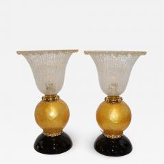 Ercole Barovier Italian Art Deco Style Gold Black Lamps with Barovier Crystal Murano Glass Shade - 1165401