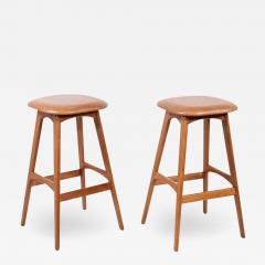 Erik Buch Pair of Erik Buch Teak Tan Leather Bar Stools - 2557683