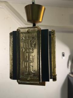 Erik H glund MID CENTURY CAST GLASS PANEL BRASS AND BLACK METAL PENDANT FIXTURE - 4156730