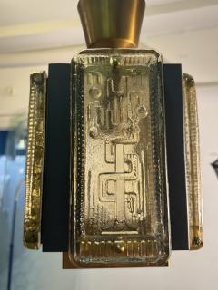 Erik H glund MID CENTURY CAST GLASS PANEL BRASS AND BLACK METAL PENDANT FIXTURE - 4156731