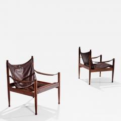 Erik W rts Pair of Erik W rts Safari Chairs in Dark Brown Leather Denmark 1960s - 1093542