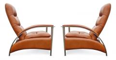Ethan Allen Milo Baughman Style Pair Orange Leather Steel Recliners Loungers by Ethan Allen - 2984873