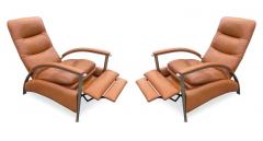 Ethan Allen Milo Baughman Style Pair Orange Leather Steel Recliners Loungers by Ethan Allen - 2984876