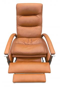 Ethan Allen Milo Baughman Style Pair Orange Leather Steel Recliners Loungers by Ethan Allen - 2984916