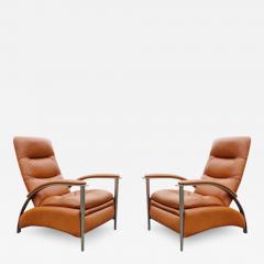 Ethan Allen Milo Baughman Style Pair Orange Leather Steel Recliners Loungers by Ethan Allen - 2985451