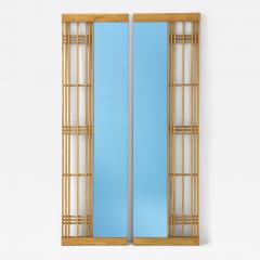 Ettore Sottsass Ettore Sottsass Style 1980s Oak Frame With Blue Glass Two Piece Mirror - 4434725