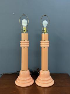 Ettore Sottsass Pair of Post Modern 1980s Peach Ceramic Table Lamps with Brass Trim - 4254345