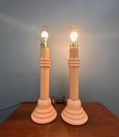 Ettore Sottsass Pair of Post Modern 1980s Peach Ceramic Table Lamps with Brass Trim - 4254351