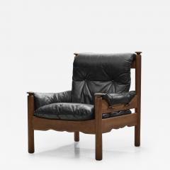 European Cabinetmaker Black Leather and Wood Lounge Chair Europe ca 1950s - 2649531