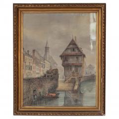 European Canal Townscape with Half Timbered Architecture Oil Painting - 4571632