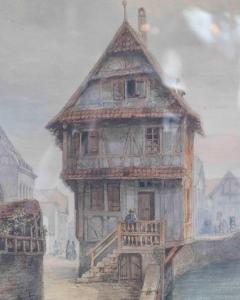 European Canal Townscape with Half Timbered Architecture Oil Painting - 4571745