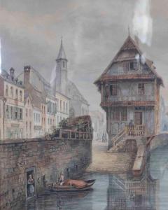 European Canal Townscape with Half Timbered Architecture Oil Painting - 4571752