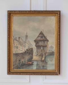 European Canal Townscape with Half Timbered Architecture Oil Painting - 4571806