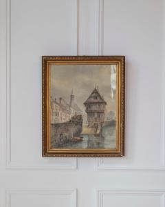 European Canal Townscape with Half Timbered Architecture Oil Painting - 4571812