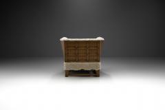 European Oak Panelled Box Chair in Sheepskin Europe 1940s - 2778171