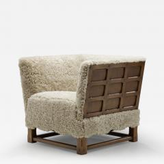 European Oak Panelled Box Chair in Sheepskin Europe 1940s - 2784297
