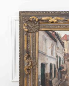 European Old Town Street Scene with Figure Oil Painting in Ornate Gilt Frame - 4557912
