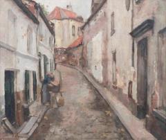 European Old Town Street Scene with Figure Oil Painting in Ornate Gilt Frame - 4559274