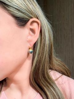 Eva Steinberg Tahitian Pearl Opalescent Enamel Flower Drop Yellow Gold Earrings Eva Steinberg - 4703114