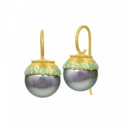 Eva Steinberg Tahitian Pearl Opalescent Enamel Flower Drop Yellow Gold Earrings Eva Steinberg - 4705405